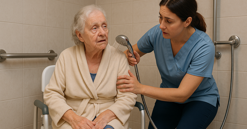 Una auxiliar ducha a una persona mayor.
