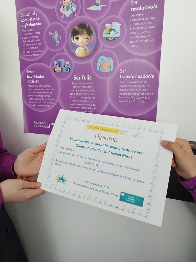 Diploma de alumnos de 4º curso de primaria del Colegio Virgen de la Rosa de Burgos.